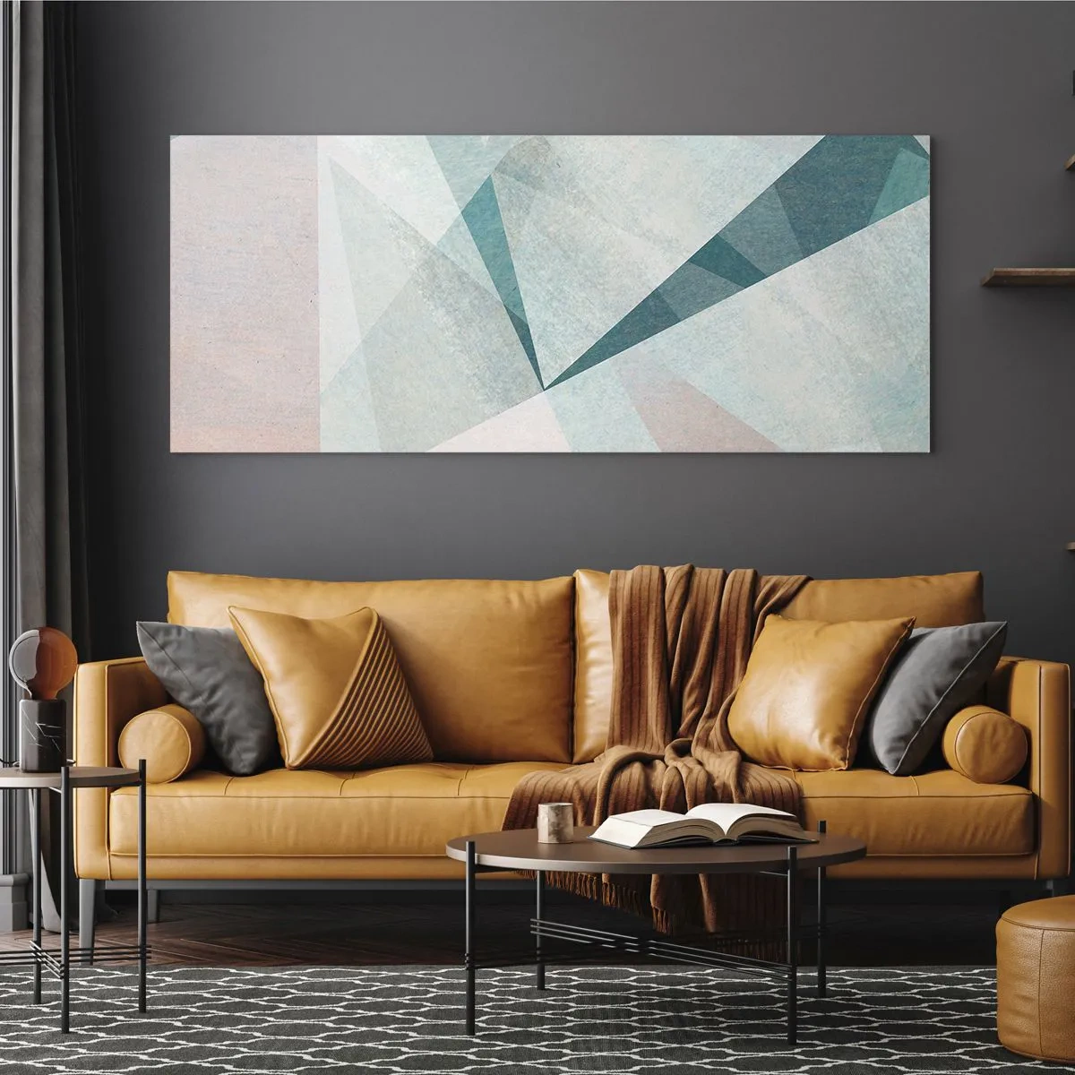 Obraz na szkle - Geometryczne kształty w pastelowych odcieniach błękitu i szarości - 140x50cm - Spokojnie choć dynamicznie - Nowoczesna dekoracja ścienna do salonu i sypialni ARTTOR