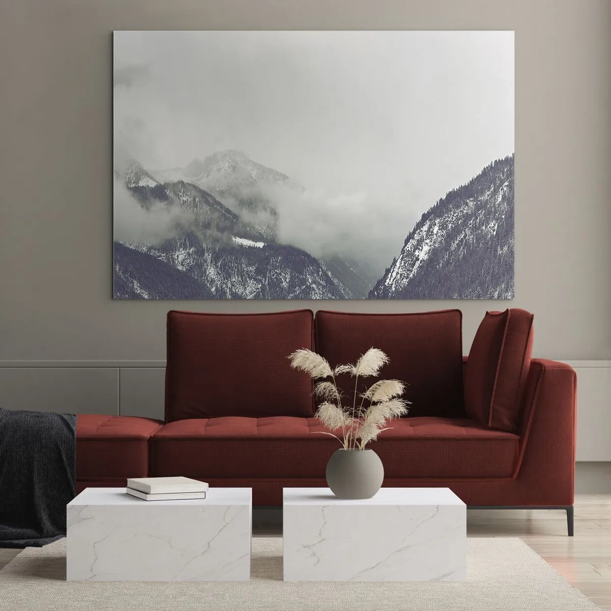 Obraz na szkle - Górska dolina we mgle w odcieniach szarości - 70x50cm - Omglona dolina - Nowoczesna dekoracja ścienna do salonu i sypialni ARTTOR