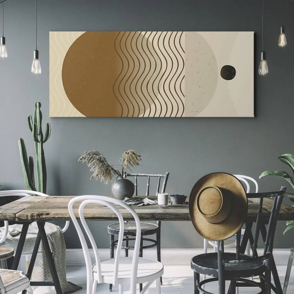 Obraz na płótnie - Geometryczna abstrakcja z kołami i falistymi liniami w ciepłych barwach - 120x50cm - O pochodzeniu figur geometrycznych - Nowoczesna dekoracja ścienna do salonu i sypialni ARTTOR