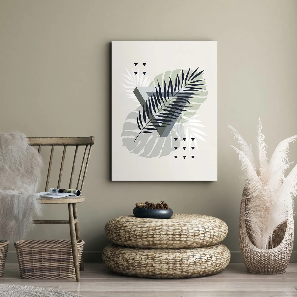 Obraz na płótnie - Geometryczna kompozycja z tropikalnymi liśćmi w odcieniach zieleni - 80x120cm - Natura i geometria – dwa porządki? - Nowoczesna dekoracja ścienna do salonu i sypialni ARTTOR
