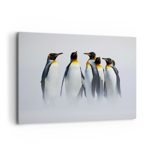 Obraz na płótnie - Grupa pingwinów cesarskich w zimowej mgle - 120x80cm - Spotkanie w wieczorowych strojach - Nowoczesna dekoracja ścienna do salonu, kuchni i sypialni ARTTOR