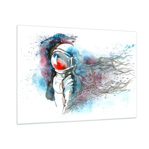 Obraz na szkle - Astronauta w dynamicznej akwarelowej scenerii kosmicznej - 100x70cm - Sam na sam z kosmosem - Nowoczesna dekoracja ścienna do salonu, kuchni i sypialni ARTTOR