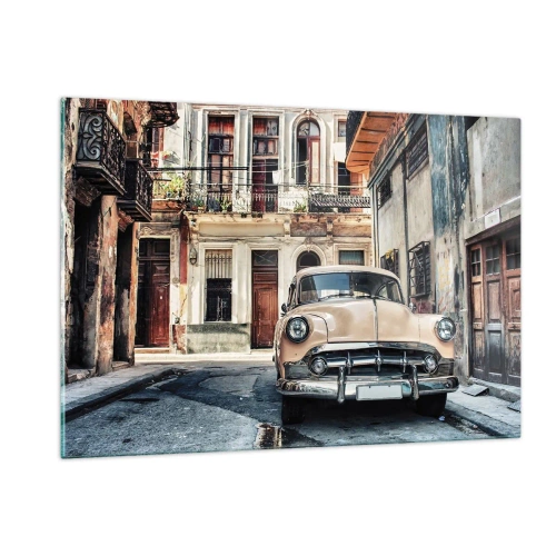 Obraz na szkle - Retro samochód na ulicy starego miasta - 120x80cm - Sjesta w Hawanie - Nowoczesna dekoracja ścienna do salonu, kuchni i sypialni ARTTOR