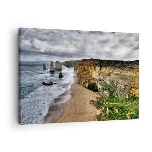 Obraz na płótnie - Klifowe wybrzeże z plażą i skalnymi formacjami - 70x50cm - Surowe piękno - Nowoczesna dekoracja ścienna do salonu i sypialni ARTTOR