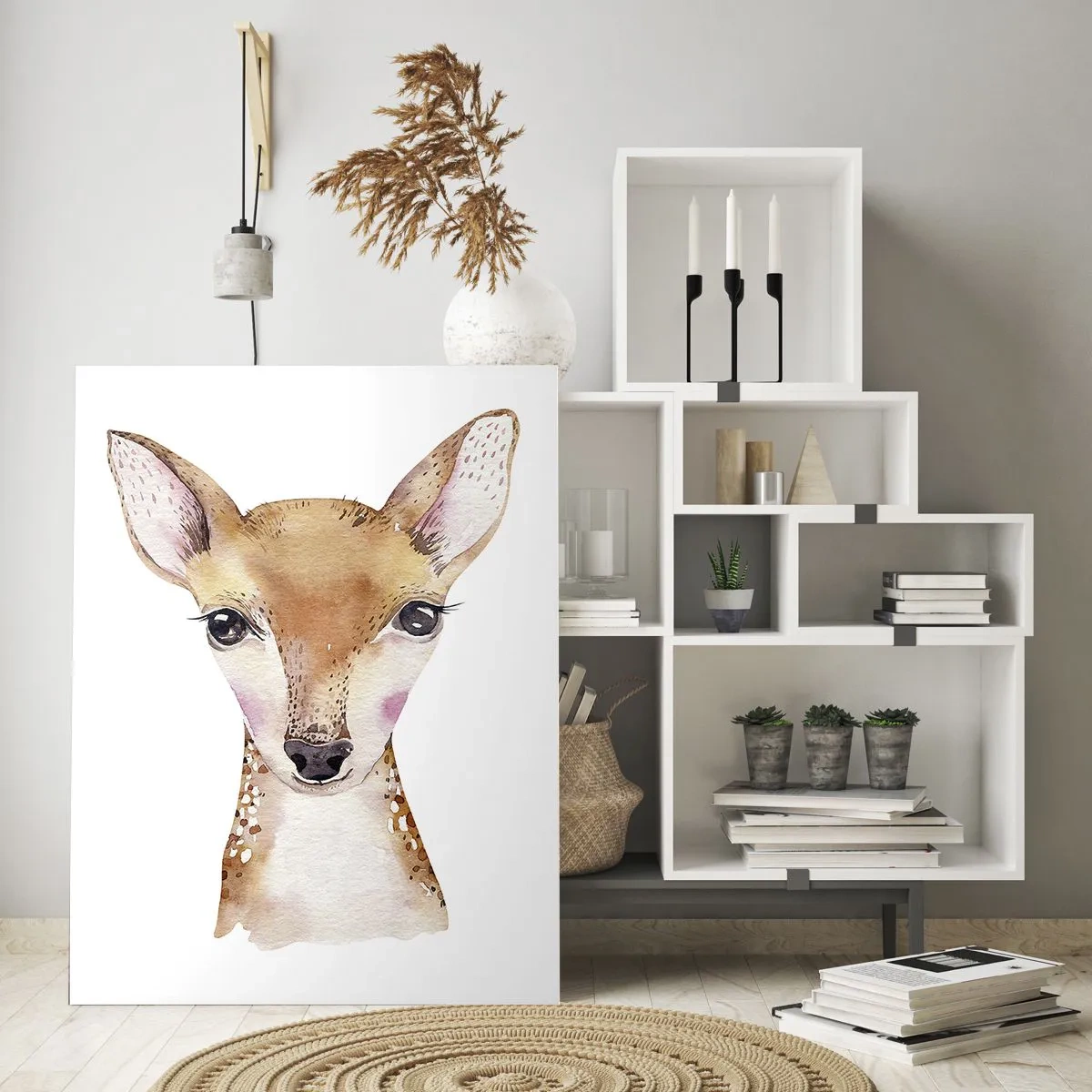 Obraz na szkle - Uroczy akwarelowy portret młodego jelonka - 50x70cm - Natura niewinności - Nowoczesna dekoracja ścienna do salonu, kuchni i sypialni ARTTOR