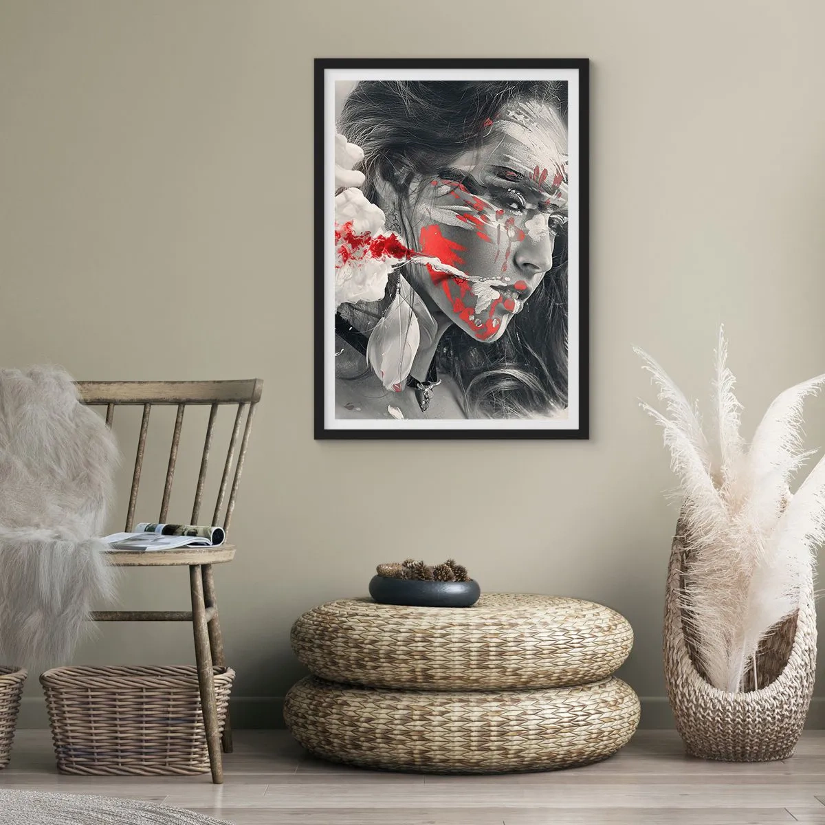 Plakat w czarnej ramie - Artystyczny portret z czerwonym akcentem - 50x70cm - W oparach absurdu - Nowoczesna dekoracja ścienna do salonu i sypialni ARTTOR