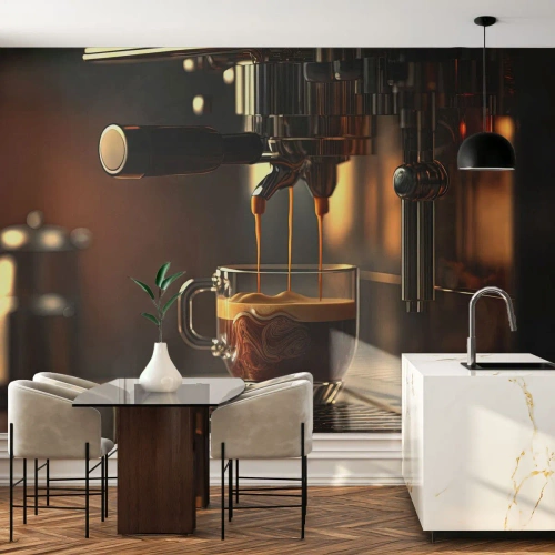 Fototapeta Standard Eco - Ekspres do kawy z filiżanką espresso w stylowym wnętrzu - 100x70cm - Zmysłowa mikstura - Nowoczesna dekoracja ścienna do salonu i sypialni ARTTOR