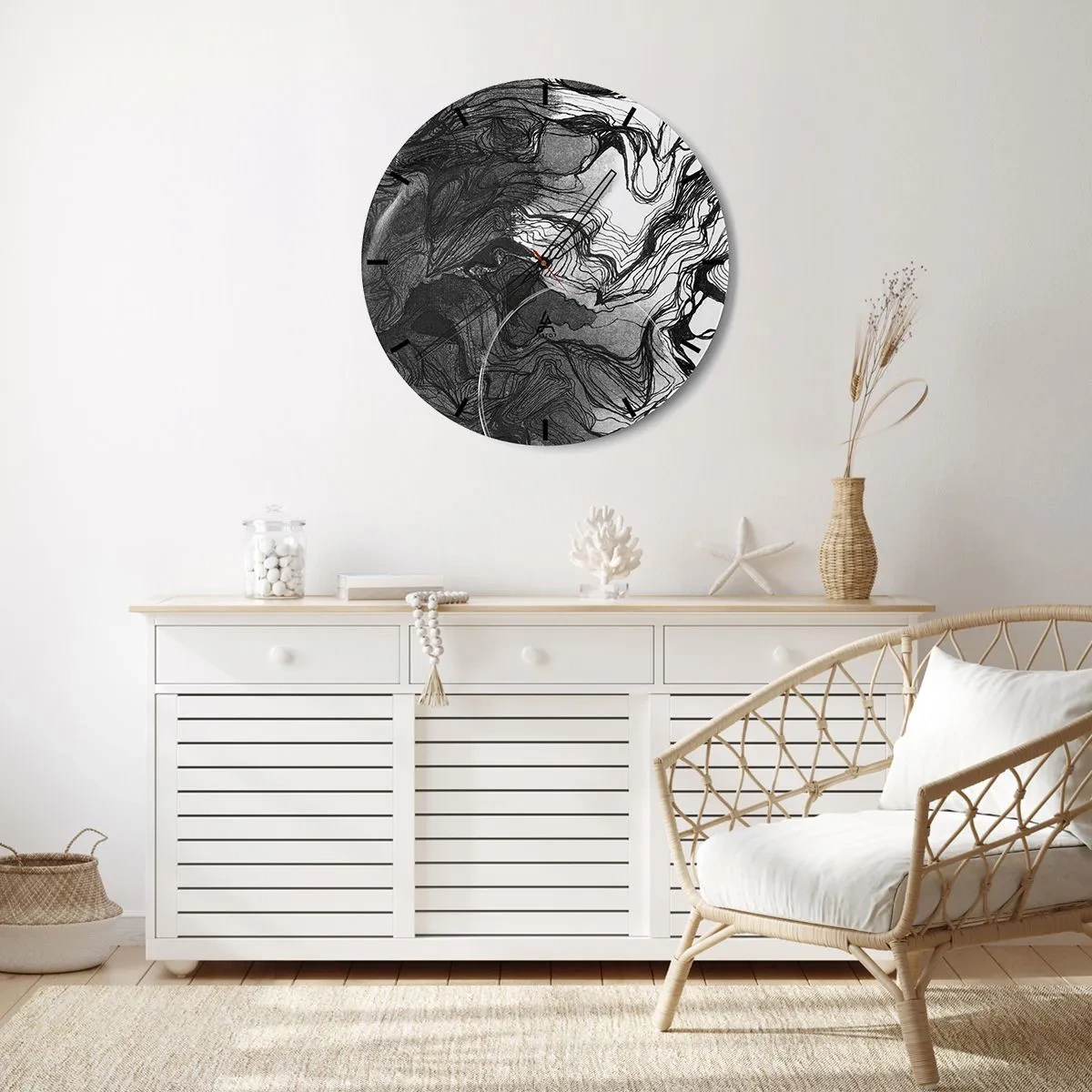 Zegar ścienny - Czarno-biała abstrakcja z płynnymi liniami i fakturą - 30x30cm - Zaplątana w marzeniach - Nowoczesna dekoracja ścienna do salonu, kuchni i sypialni ARTTOR