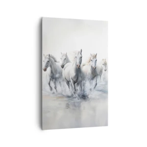 Obraz na płótnie - Białe konie galopujące przez wodę - 80x120cm - Biała magia - Nowoczesna dekoracja ścienna do salonu i sypialni ARTTOR