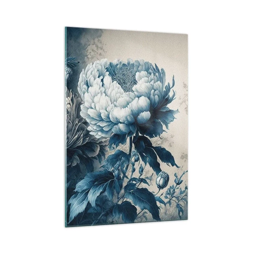 Obraz na szkle - Niebieskie piwonie na subtelnym tle z delikatnym wzorem - 70x100cm - Dobrana para - Nowoczesna dekoracja ścienna do salonu i sypialni ARTTOR