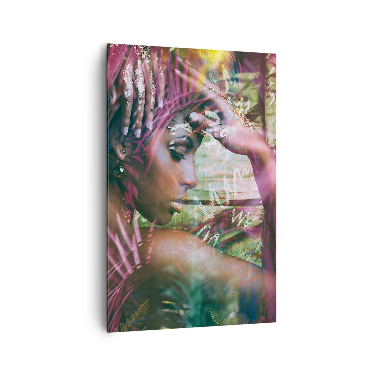 Obraz na płótnie - Portret kobiety w otoczeniu egzotycznej roślinności - 80x120cm - Matka Natura w dżungli - Nowoczesna dekoracja ścienna do salonu i sypialni ARTTOR