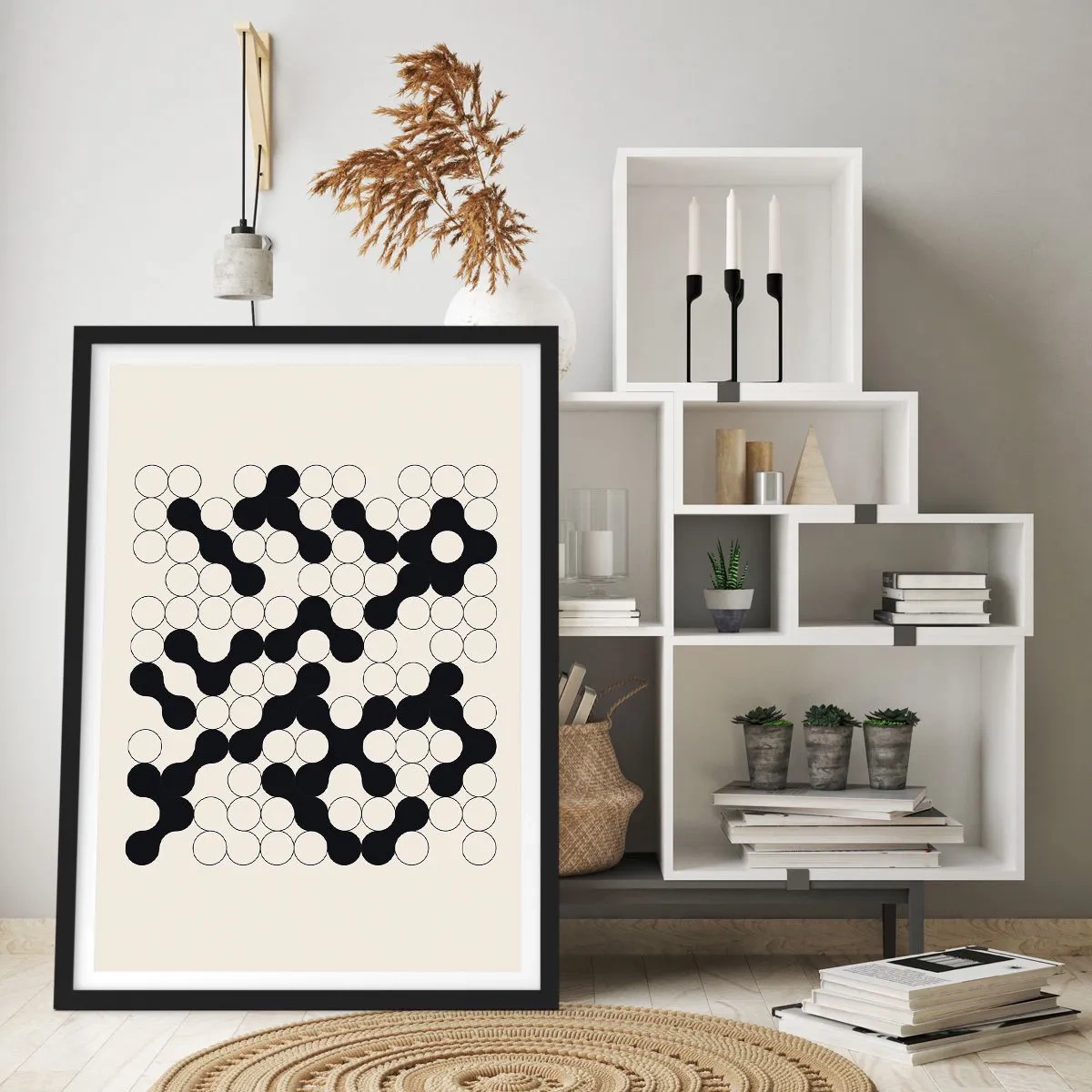 Plakat w czarnej ramie - Geometryczna kompozycja czarnych i białych okręgów - 50x70cm - Chińska gra – wariacja - Nowoczesna dekoracja ścienna do salonu i sypialni ARTTOR