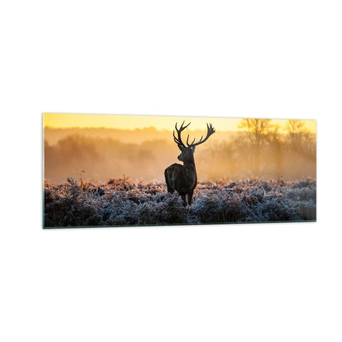 Obraz na szkle - Jeleń na mroźnej polanie o wschodzie słońca - 140x50cm - Koronowany na swoich włościach - Nowoczesna dekoracja ścienna do salonu i sypialni ARTTOR