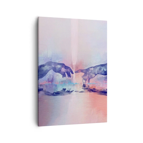 Obraz na płótnie - Abstrakcyjna interpretacja dotyku dwóch dłoni w pastelowych barwach - 50x70cm - Boska iskra życia - Nowoczesna dekoracja ścienna do salonu, kuchni i sypialni ARTTOR