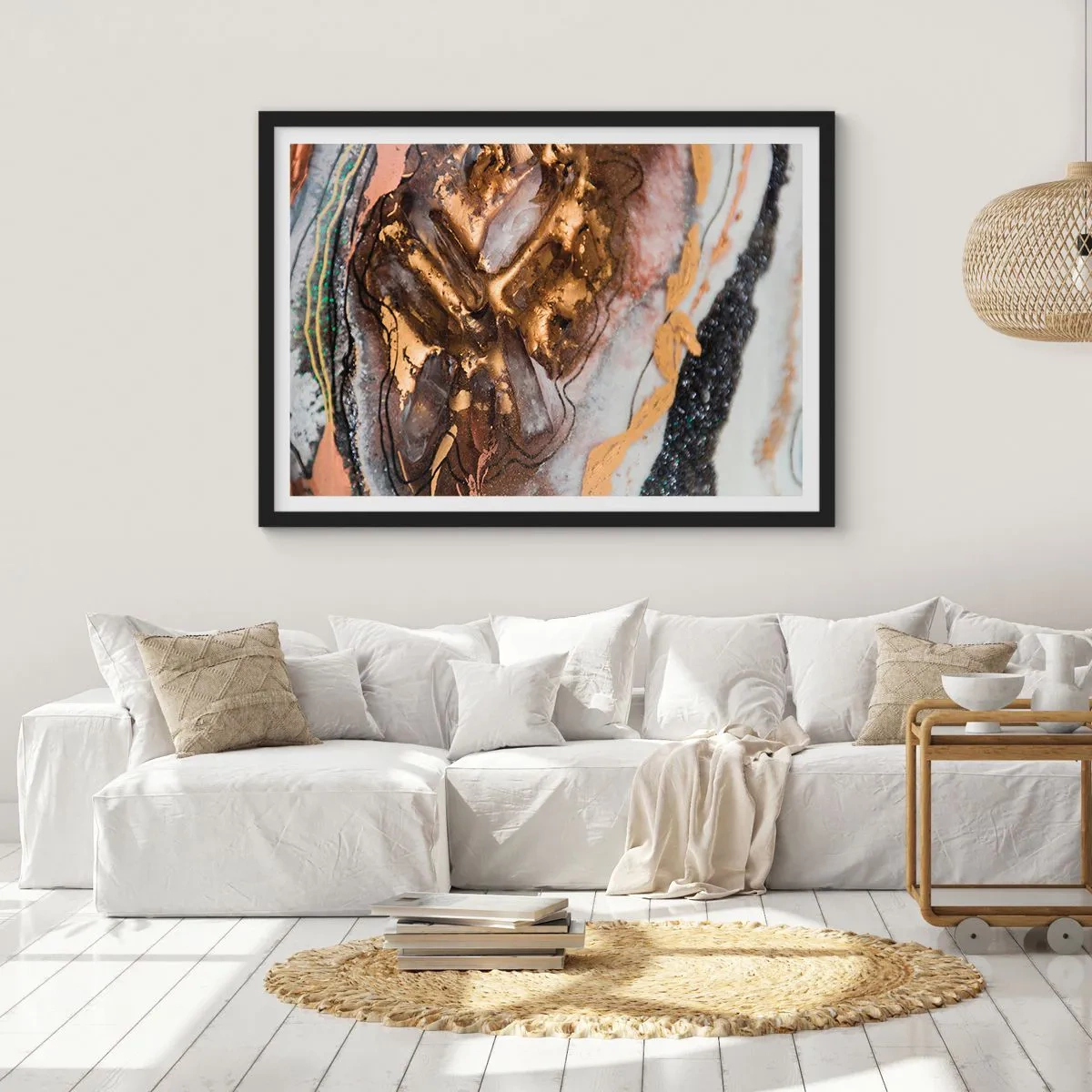 Plakat w czarnej ramie - Abstrakcyjna kompozycja z elementami złota i kryształów - 100x70cm - Żywioł ziemi - Nowoczesna dekoracja ścienna do salonu i sypialni ARTTOR