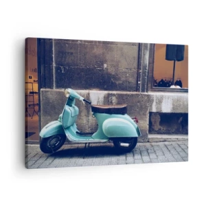 Obraz na płótnie - Retro skuter zaparkowany przy kamiennej ścianie - 70x50cm - Niezapomniane klimaty - Nowoczesna dekoracja ścienna do salonu i sypialni ARTTOR