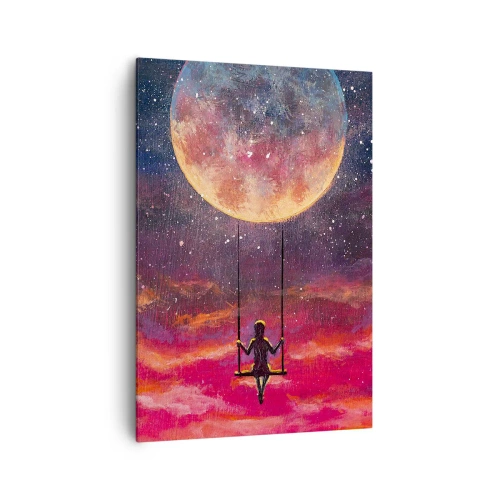 Obraz na płótnie - Postać na huśtawce zawieszonej na tle księżyca - 70x100cm - Bujać w obłokach - Nowoczesna dekoracja ścienna do salonu i sypialni ARTTOR