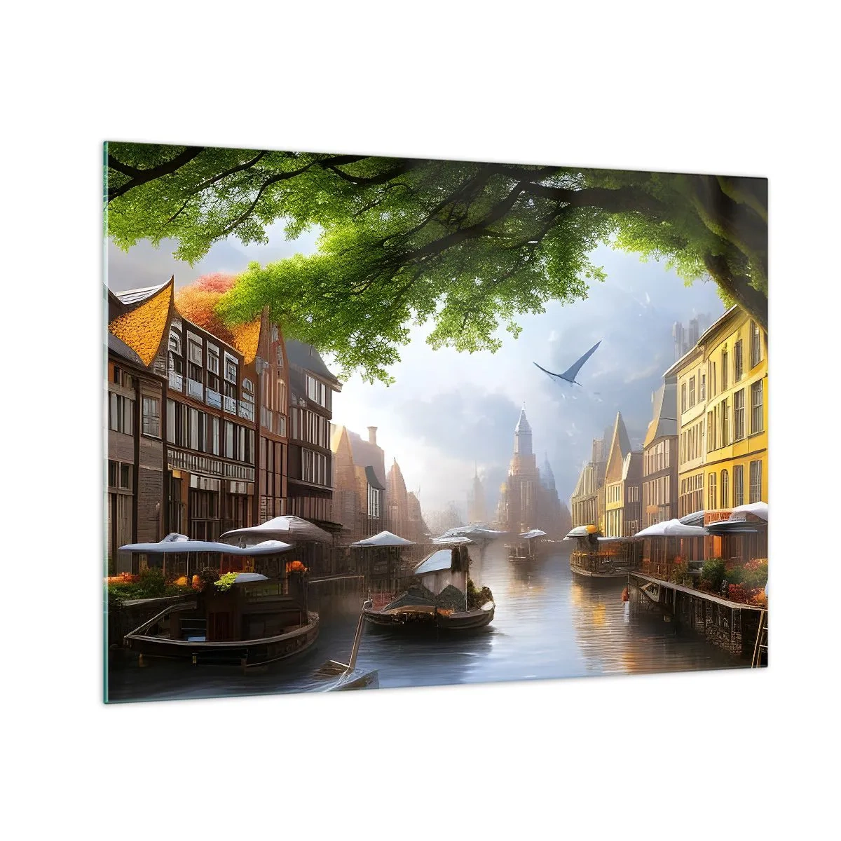 Obraz na szkle - Klimatyczny widok niderlandzkiego kanału z łódkami i zabudową - 70x50cm - Niderlandzki pejzaż miejski - Nowoczesna dekoracja ścienna do salonu i sypialni ARTTOR