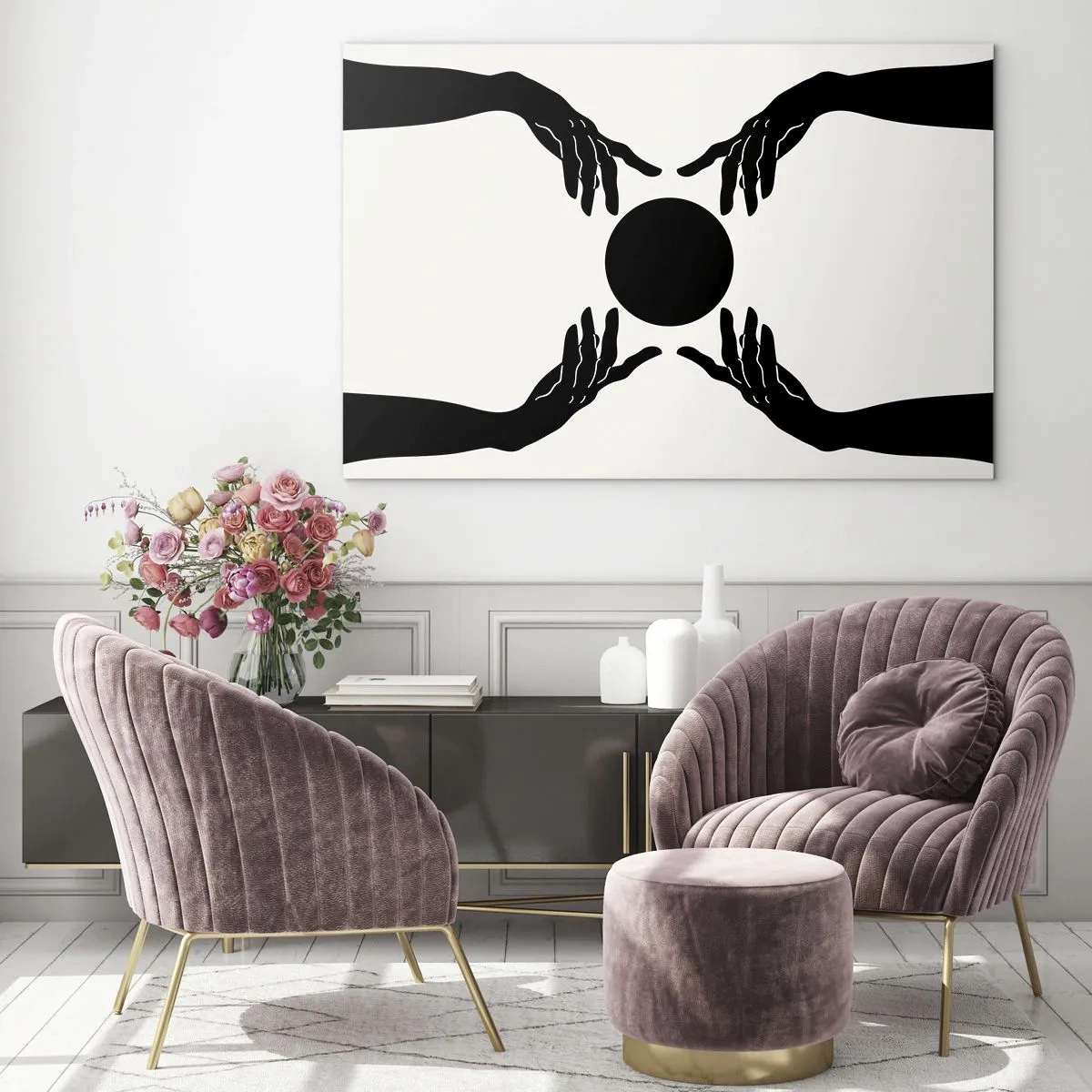 Obraz na szkle - Czarne dłonie wokół czarnego koła na jasnym tle - 70x50cm - Tajemny znak - Nowoczesna dekoracja ścienna do salonu i sypialni ARTTOR