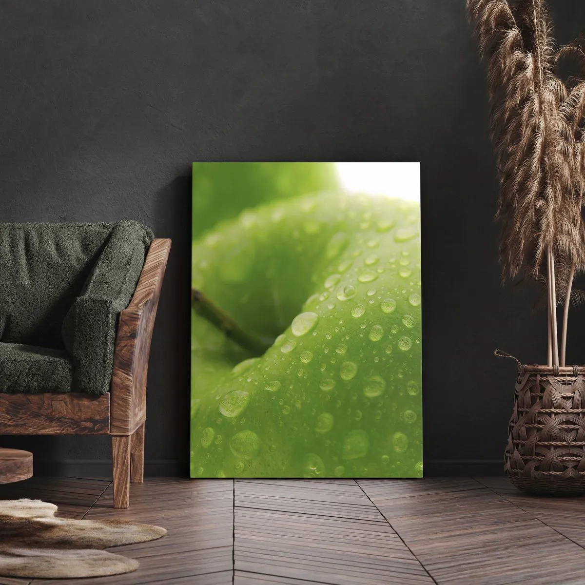 Obraz na płótnie - Zbliżenie na zielone jabłko pokryte kroplami wody - 50x70cm - Zielona chłodna świeżość - Nowoczesna dekoracja ścienna do salonu, kuchni i sypialni ARTTOR