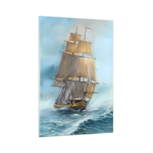 Obraz na szkle - Statek żaglowy na wzburzonym morzu - 70x100cm - Mknący po falach - Nowoczesna dekoracja ścienna do salonu i sypialni ARTTOR