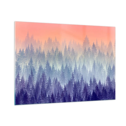 Obraz na szkle - Tajemniczy las iglasty w pastelowych odcieniach poranka - 100x70cm - Wysoko, wyżej, do nieba - Nowoczesna dekoracja ścienna do salonu, kuchni i sypialni ARTTOR