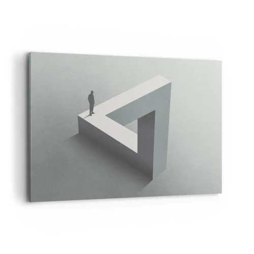 Obraz na płótnie - Postać stojąca na trójkącie Penrose’a w szarościach - 120x80cm - A jednak możliwe - Nowoczesna dekoracja ścienna do salonu, kuchni i sypialni ARTTOR