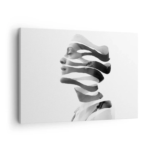 Obraz na płótnie - Czarno-biały portret kobiety z efektem surrealistycznych pasów - 70x50cm - Portret surrealistyczny - Nowoczesna dekoracja ścienna do salonu i sypialni ARTTOR