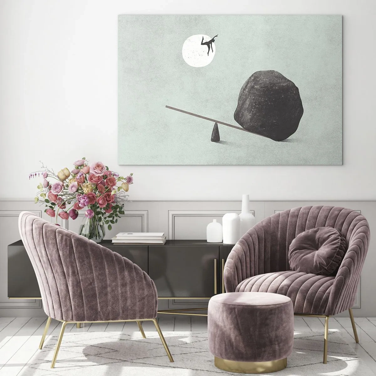 Obraz na szkle - Minimalistyczna scena z człowiekiem lecącym w stronę księżyca - 70x50cm - Spełnione marzenie - Nowoczesna dekoracja ścienna do salonu i sypialni ARTTOR