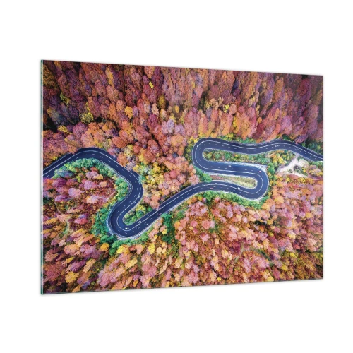 Obraz na szkle - Kręta droga wśród kolorowych jesiennych drzew z lotu ptaka - 100x70cm - Krętą drogą poprzez las - Nowoczesna dekoracja ścienna do salonu, kuchni i sypialni ARTTOR