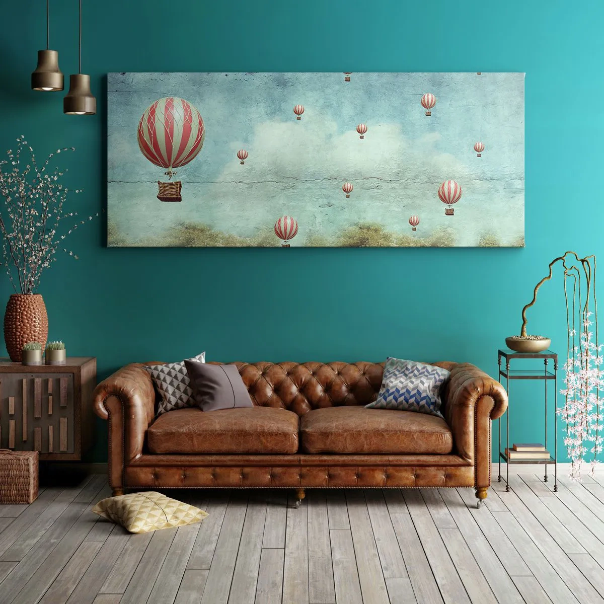 Obraz na płótnie - Retro balony na tle błękitnego nieba i zieleni - 140x50cm - Wolni od zgiełku życia - Nowoczesna dekoracja ścienna do salonu i sypialni ARTTOR