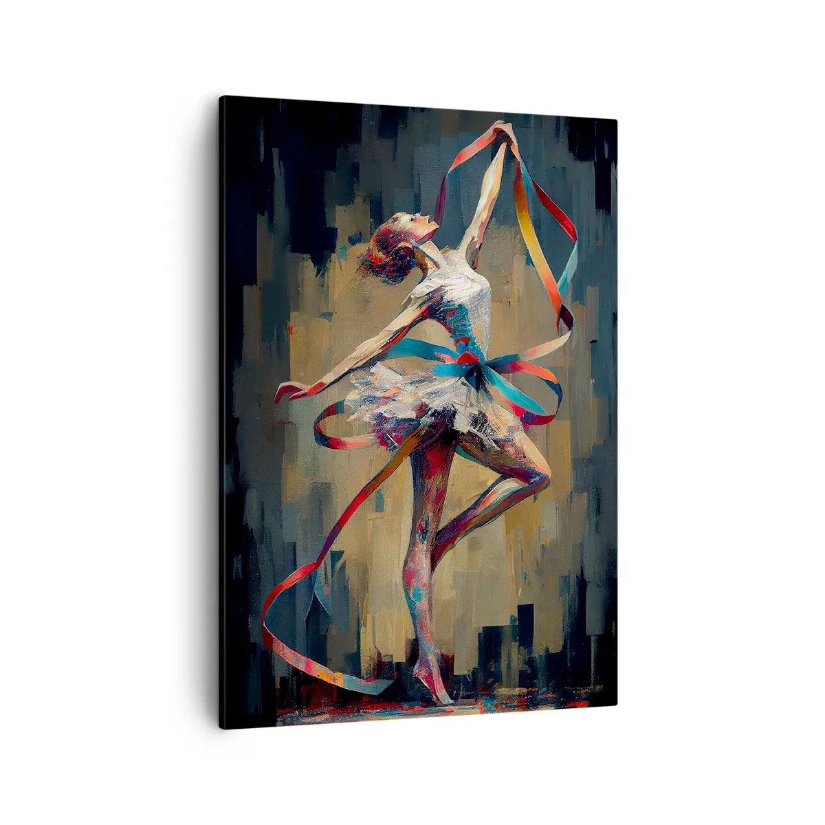 Obraz na płótnie - Ekspresyjna baletnica tańcząca ze wstęgą w dynamicznej kompozycji - 50x70cm - Taniec ze wstęgą - Nowoczesna dekoracja ścienna do salonu, kuchni i sypialni ARTTOR