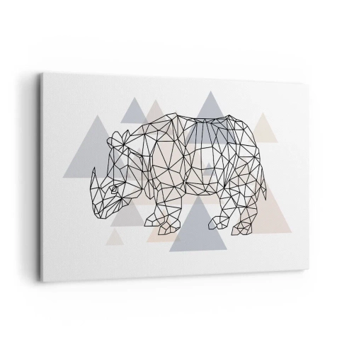 Obraz na płótnie - Geometryczny nosorożec na tle delikatnych trójkątów - 120x80cm - Struktura siły - Nowoczesna dekoracja ścienna do salonu, kuchni i sypialni ARTTOR