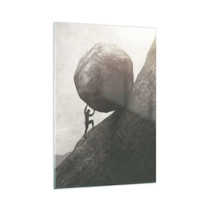 Obraz na szkle - Człowiek wspinający się z ogromnym głazem pod górę - 80x120cm - Wierzę wbrew nadziei - Nowoczesna dekoracja ścienna do salonu i sypialni ARTTOR