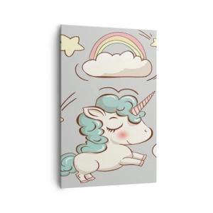Obraz na płótnie - Urocze jednorożce na pastelowym tle - 80x120cm - Na pewno istnieją… - Nowoczesna dekoracja ścienna do salonu i sypialni ARTTOR