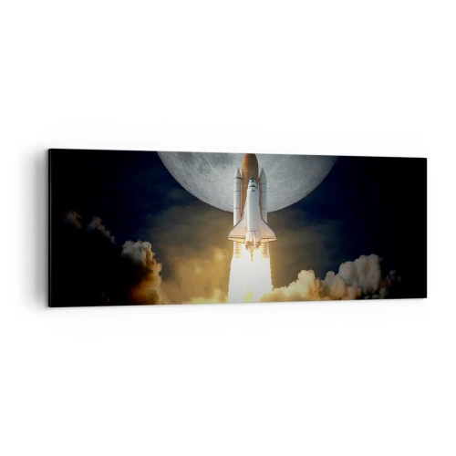 Obraz na płótnie - Rakieta startująca na tle pełni księżyca w otoczeniu dynamicznych chmur - 140x50cm - Początek nieziemskiej przygody - Nowoczesna dekoracja ścienna do salonu i sypialni ARTTOR