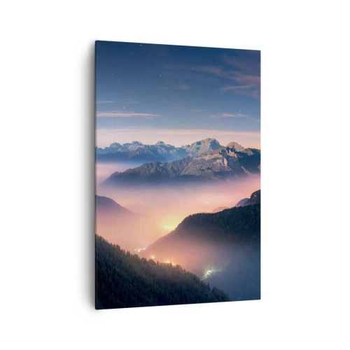 Obraz na płótnie - Górski krajobraz z doliną wypełnioną mgłą - 70x100cm - Światło w dolinach - Nowoczesna dekoracja ścienna do salonu i sypialni ARTTOR