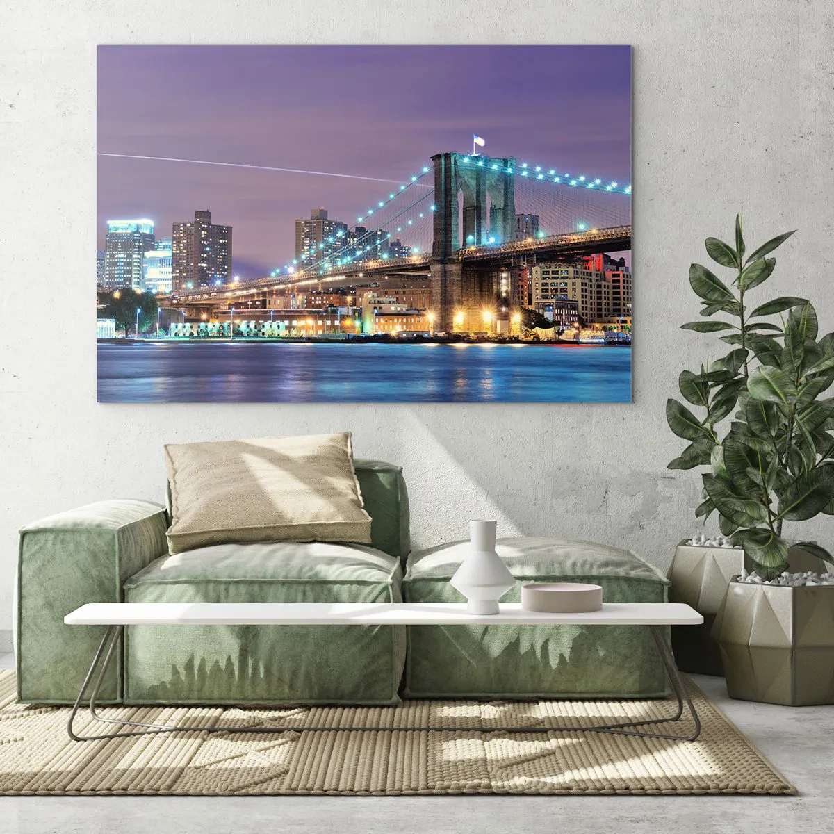 Obraz na szkle - Brooklyn Bridge nocą z podświetlonymi wieżami i miastem - 70x50cm - Od wielu lat Brookliński Most - Nowoczesna dekoracja ścienna do salonu i sypialni ARTTOR