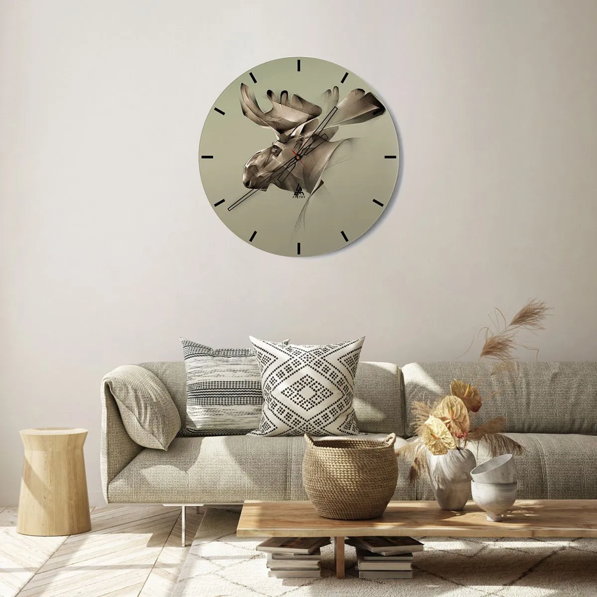 Zegar ścienny - Łoś z geometrycznym wzorem na zielonym tle - 30x30cm - Łagodna siła spokoju - Nowoczesna dekoracja ścienna do salonu, kuchni i sypialni ARTTOR