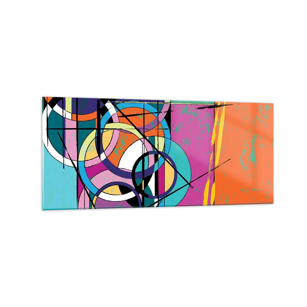 Obraz na szkle - Kolorowa abstrakcja z geometrycznymi okręgami - 120x50cm - Koło za kołem - Nowoczesna dekoracja ścienna do salonu i sypialni ARTTOR