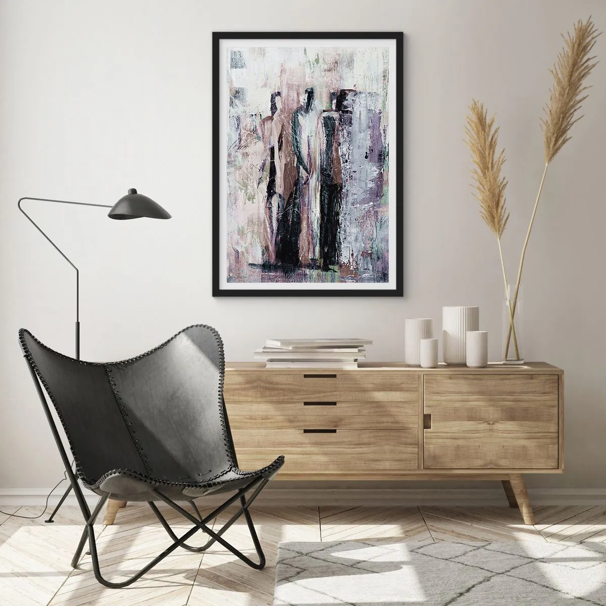 Plakat w czarnej ramie - Abstrakcyjne postacie w stonowanych barwach - 50x70cm - Tajemnicza trójka - Nowoczesna dekoracja ścienna do salonu i sypialni ARTTOR