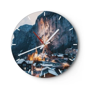 Zegar ścienny - Malownicza wioska u podnóża ośnieżonych gór oświetlona ciepłym światłem - 30x30cm - Świetlisty duch zimy - Nowoczesna dekoracja ścienna do salonu, kuchni i sypialni ARTTOR