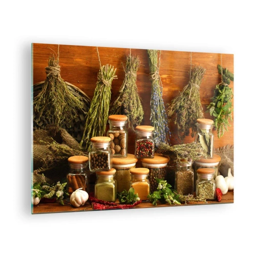 Obraz na szkle - Zioła i przyprawy w słoikach na drewnianym tle - 70x50cm - Kuchenne czary - Nowoczesna dekoracja ścienna do salonu i sypialni ARTTOR