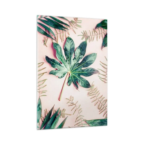 Obraz na szkle - Tropikalne liście na jasnym pastelowym tle - 80x120cm - Studium zieleni na różowym tle - Nowoczesna dekoracja ścienna do salonu i sypialni ARTTOR