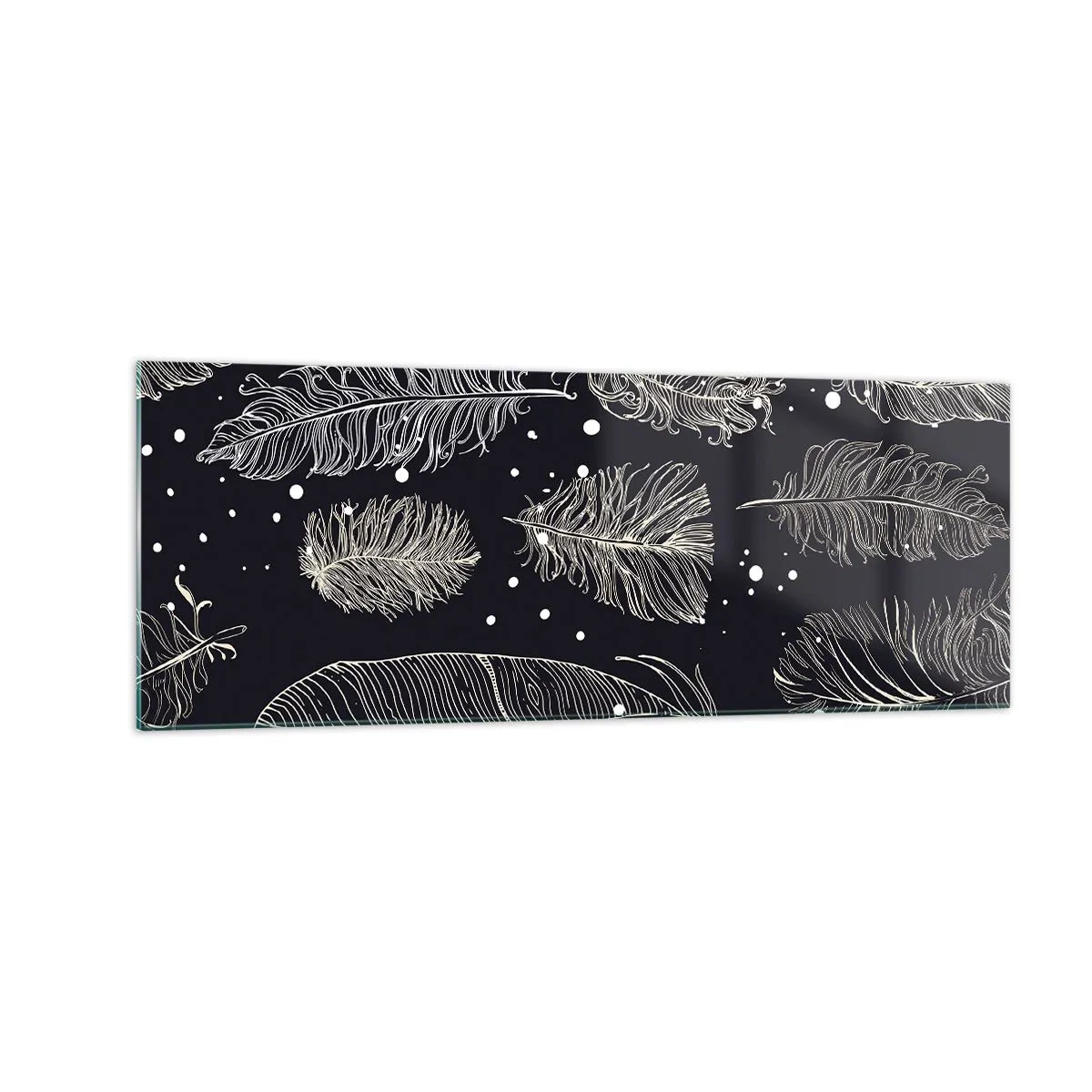 Obraz na szkle - Delikatne białe pióra na granatowym tle - 140x50cm - Pierzasta koronka - Nowoczesna dekoracja ścienna do salonu i sypialni ARTTOR