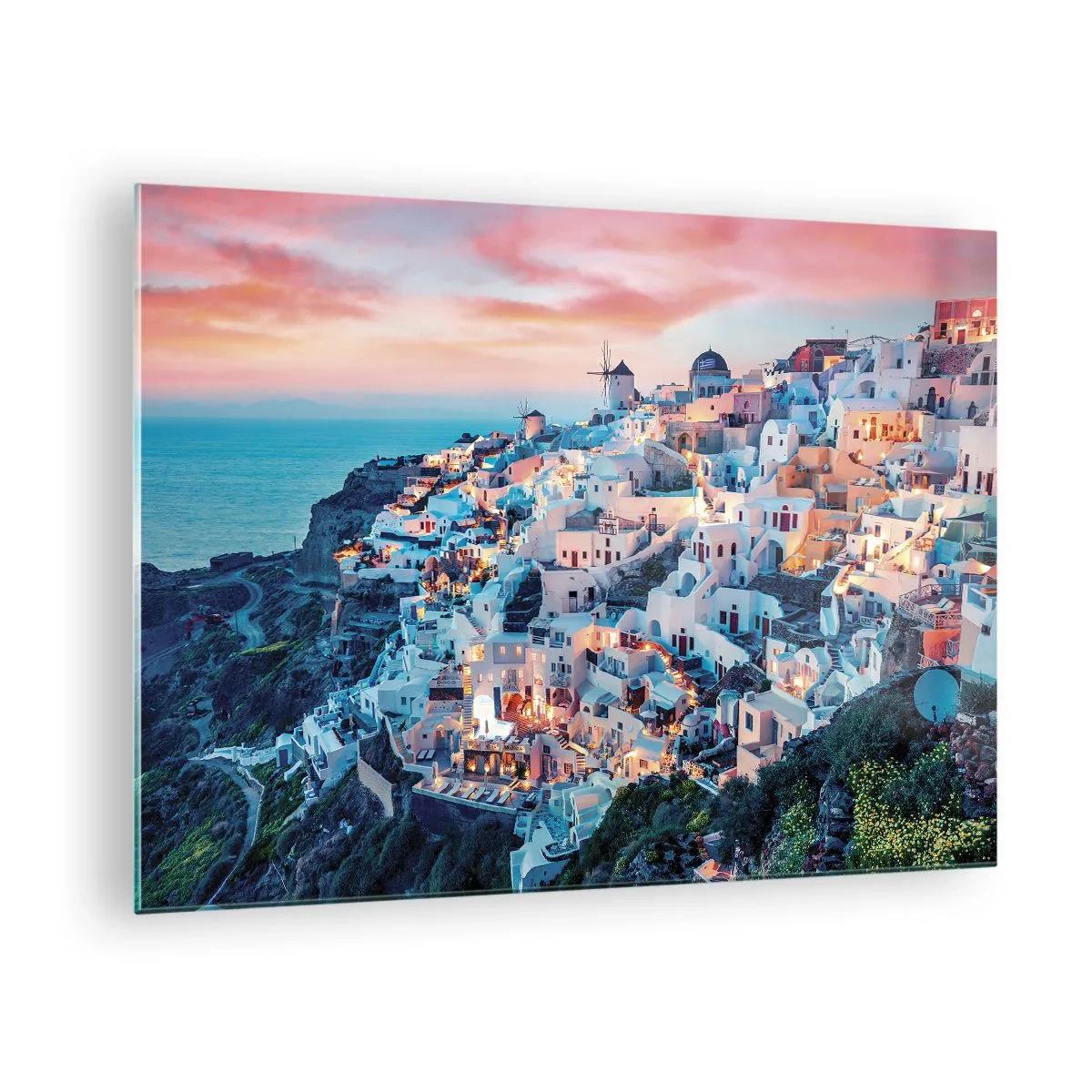 Obraz na szkle - Greckie miasteczko na klifie o zmierzchu z widokiem na morze - 70x50cm - Twoje wielkie greckie wakacje - Nowoczesna dekoracja ścienna do salonu i sypialni ARTTOR