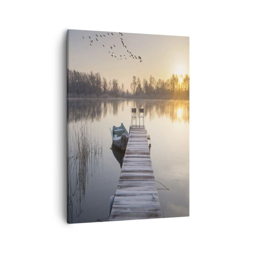Obraz na płótnie - Drewniany pomost nad jeziorem o wschodzie słońca - 50x70cm - Wrócę za jakiś czas - Nowoczesna dekoracja ścienna do salonu, kuchni i sypialni ARTTOR