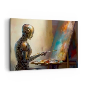 Obraz na płótnie - Robot malujący na płótnie w artystycznym stylu - 100x70cm - Sztuka przyszłości - Nowoczesna dekoracja ścienna do salonu, kuchni i sypialni ARTTOR