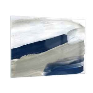 Obraz na szkle - Minimalistyczna abstrakcja z dynamicznymi pociągnięciami bieli, granatu i szarości - 100x70cm - Spotkanie z bielą - Nowoczesna dekoracja ścienna do salonu, kuchni i sypialni ARTTOR
