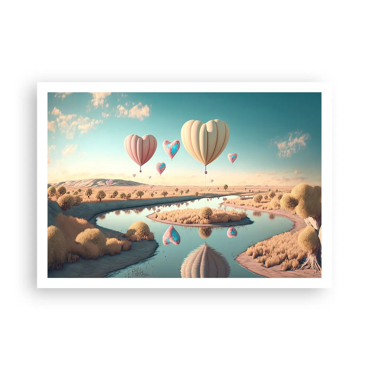 Plakat - Balony w kształcie serc unoszące się nad krajobrazem - 100x70cm - Miłość pozwala wznieść się - Nowoczesna dekoracja ścienna do salonu i sypialni ARTTOR